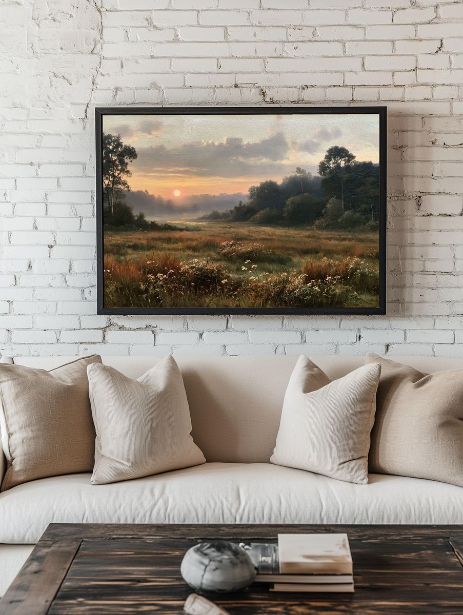 Misty Meadow Sunrise Print. — room view 1