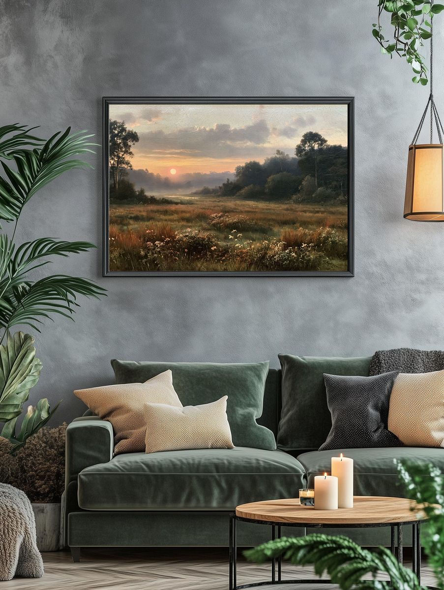 Misty Meadow Sunrise Print. — room view 4