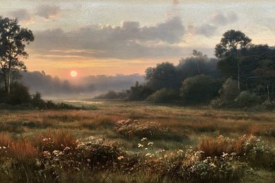Misty Meadow Sunrise Print. poster