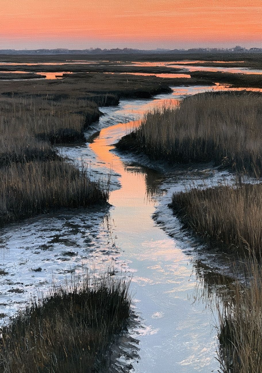 Marshland Sunset Landscape Poster. poster detail