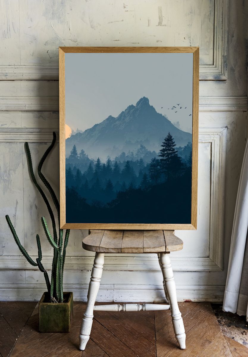 Misty Mountain Dawn Print. room preview