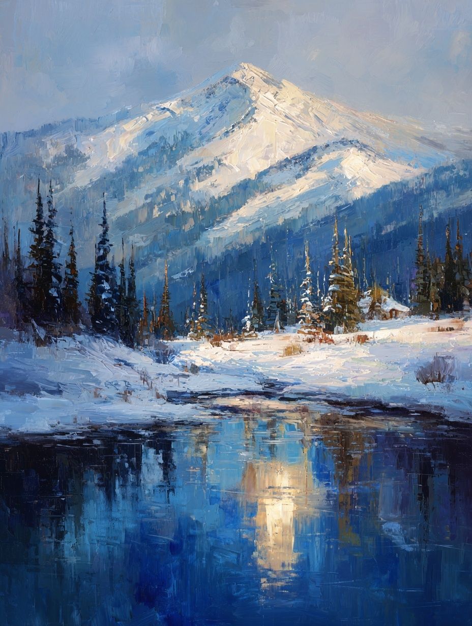 Snowy Mountain Lake Landscape Print. poster — nature art