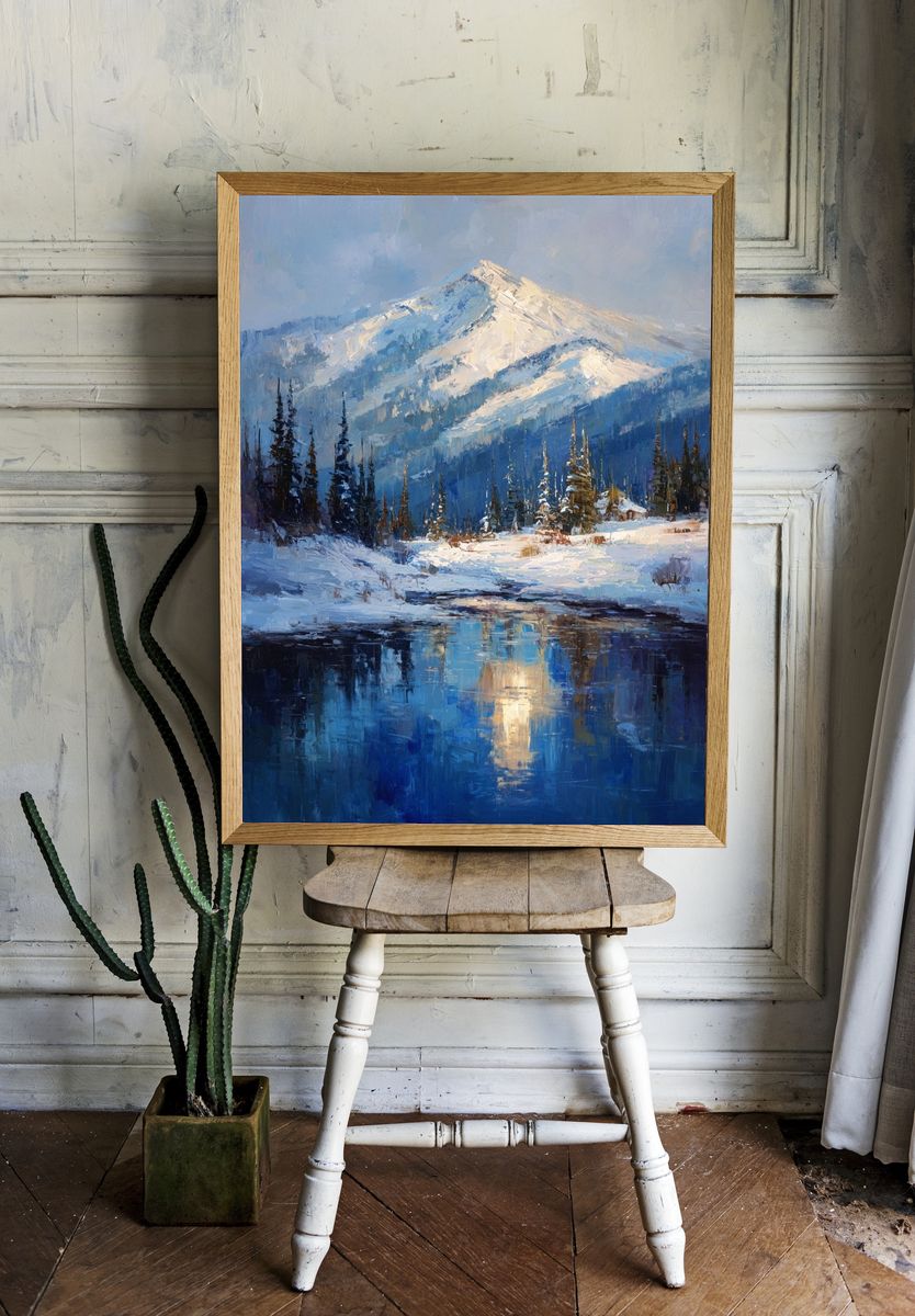 Snowy Mountain Lake Landscape Print. room preview