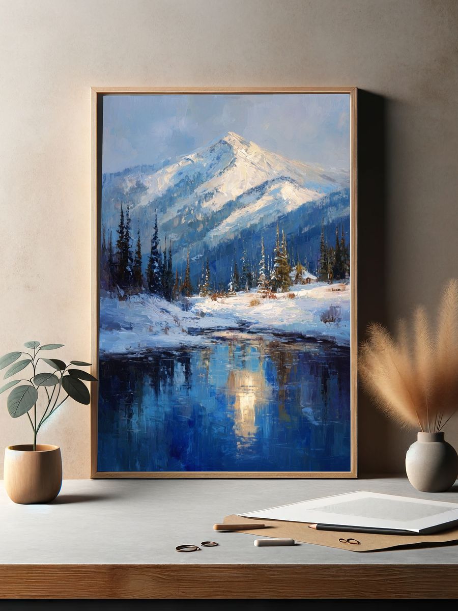 Snowy Mountain Lake Landscape Print. — room view 2