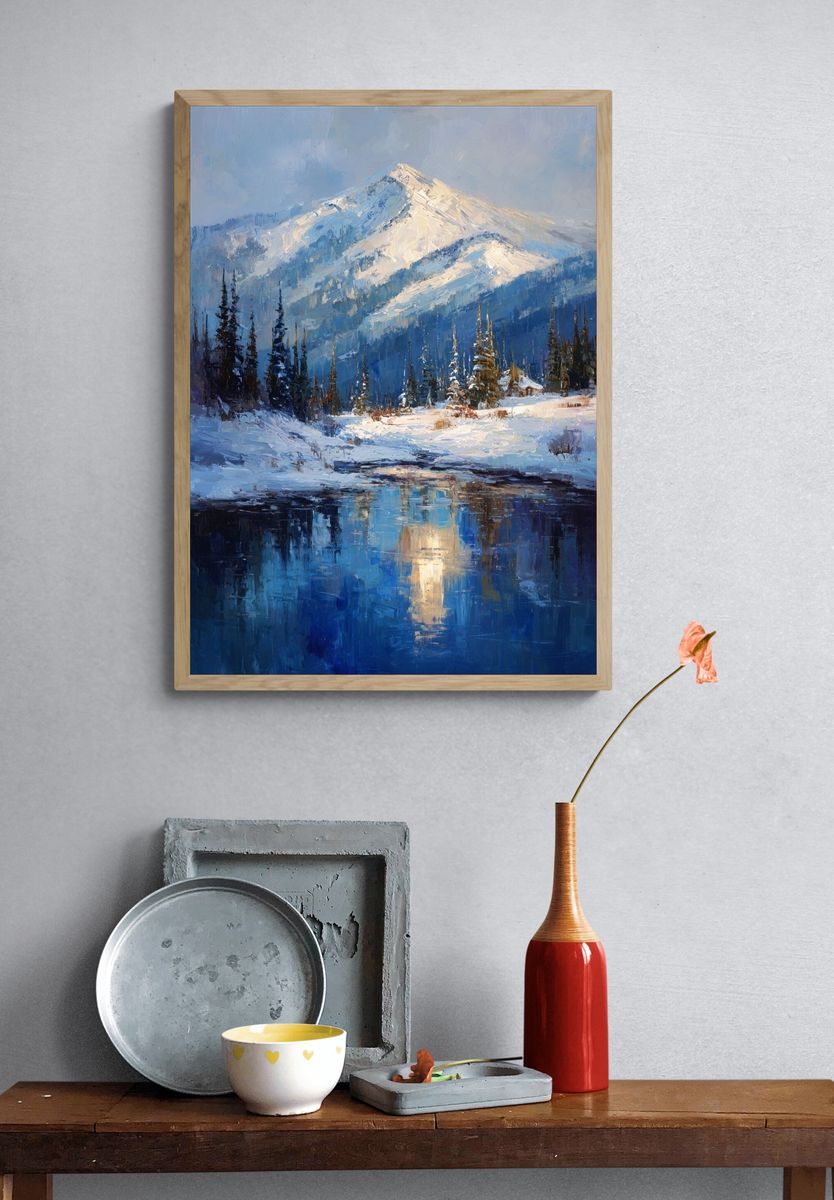 Snowy Mountain Lake Landscape Print. — room view 3
