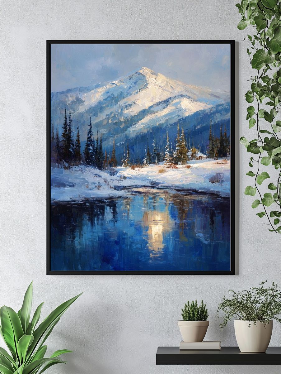 Snowy Mountain Lake Landscape Print. — room view 4