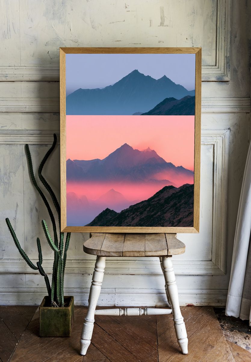 Pink Alpine Peaks Landscape Print. — room view 1