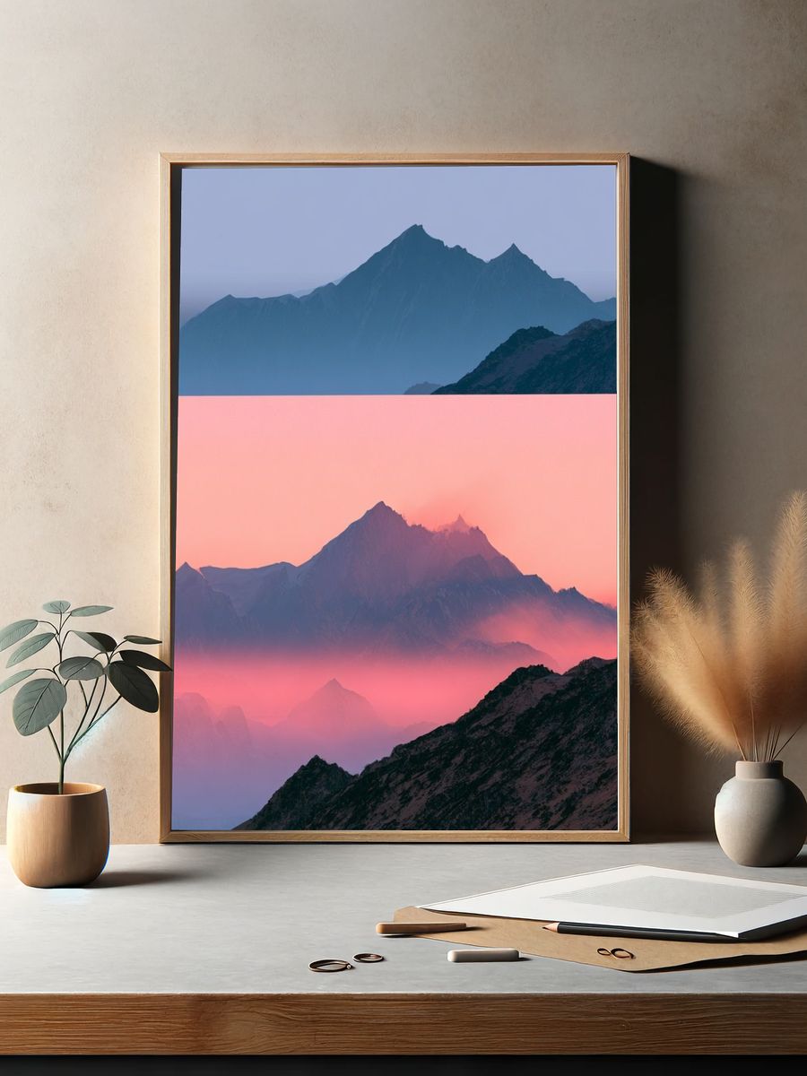 Pink Alpine Peaks Landscape Print. — room view 2