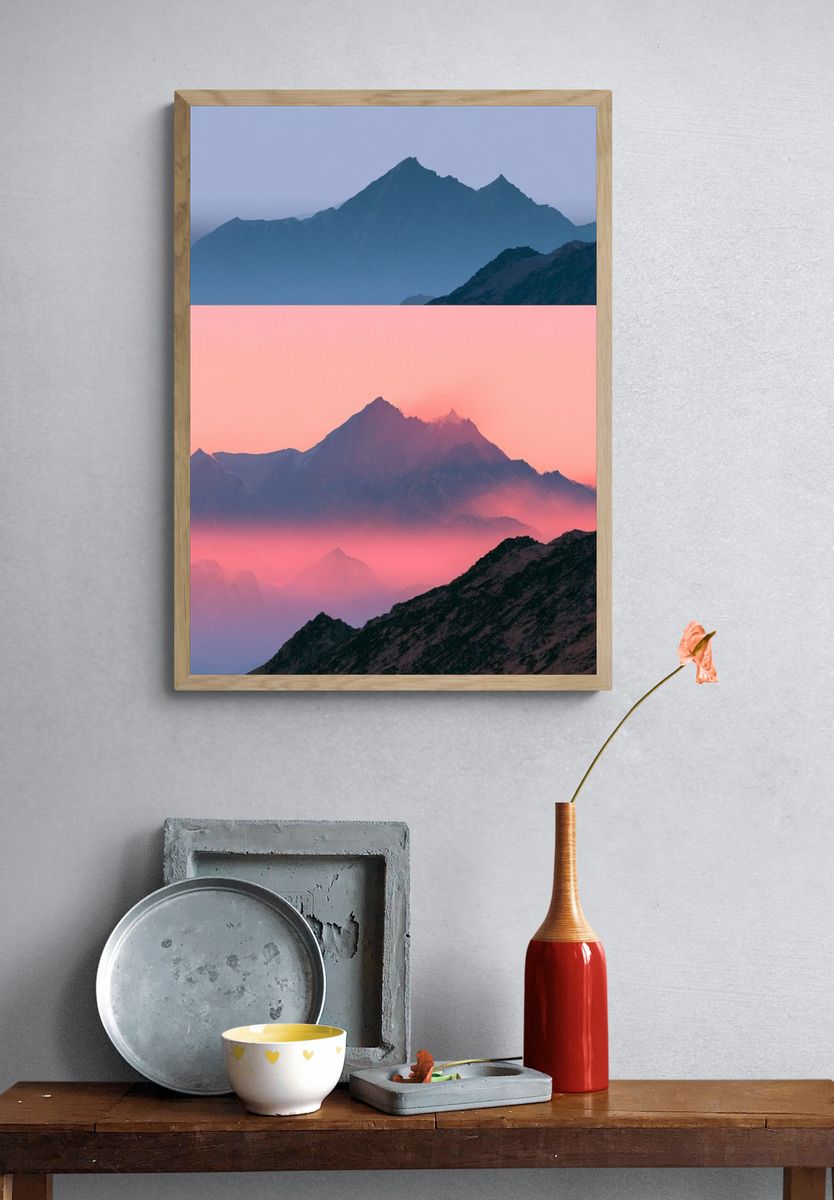 Pink Alpine Peaks Landscape Print. — room view 3