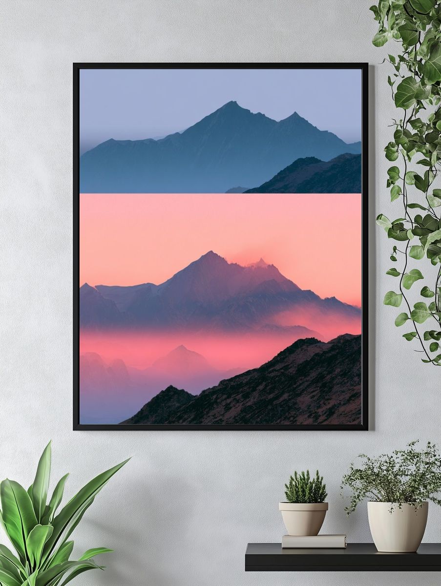 Pink Alpine Peaks Landscape Print. — room view 4
