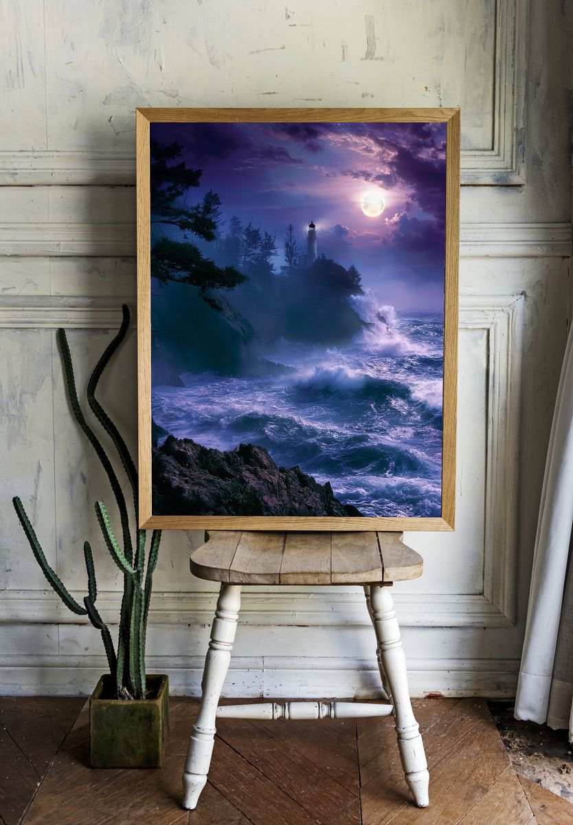 Moonlit Lighthouse Coast Poster. — room view 1