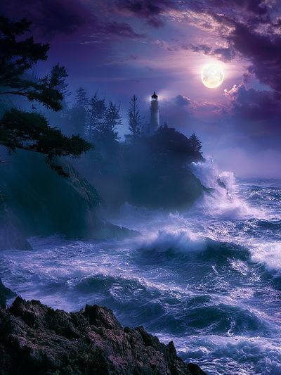 Moonlit Lighthouse Coast Poster.