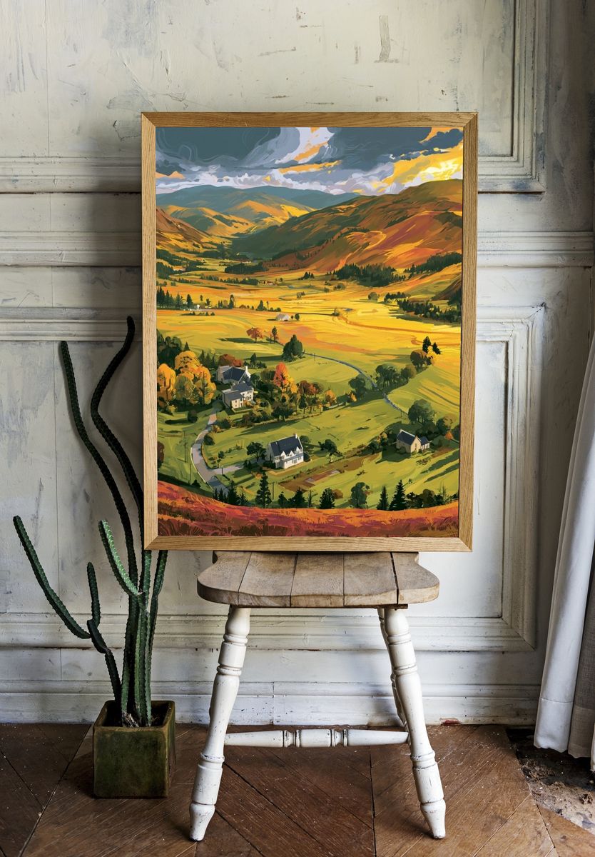 Sunlit Valley Landscape Print. room preview