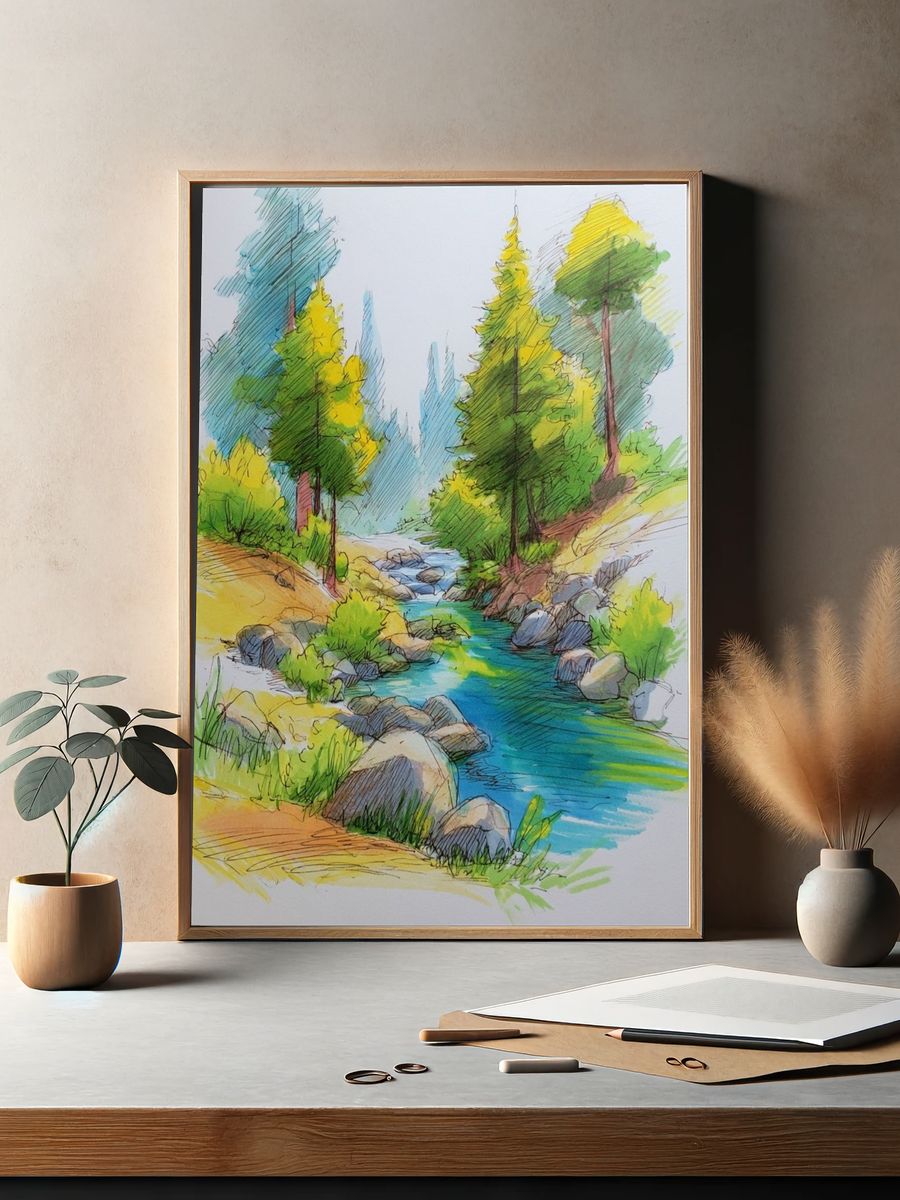 Forest Stream Watercolor Print. — room view 2