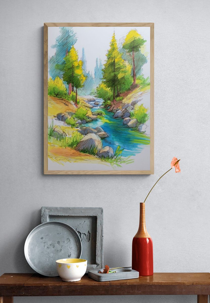 Forest Stream Watercolor Print. — room view 3