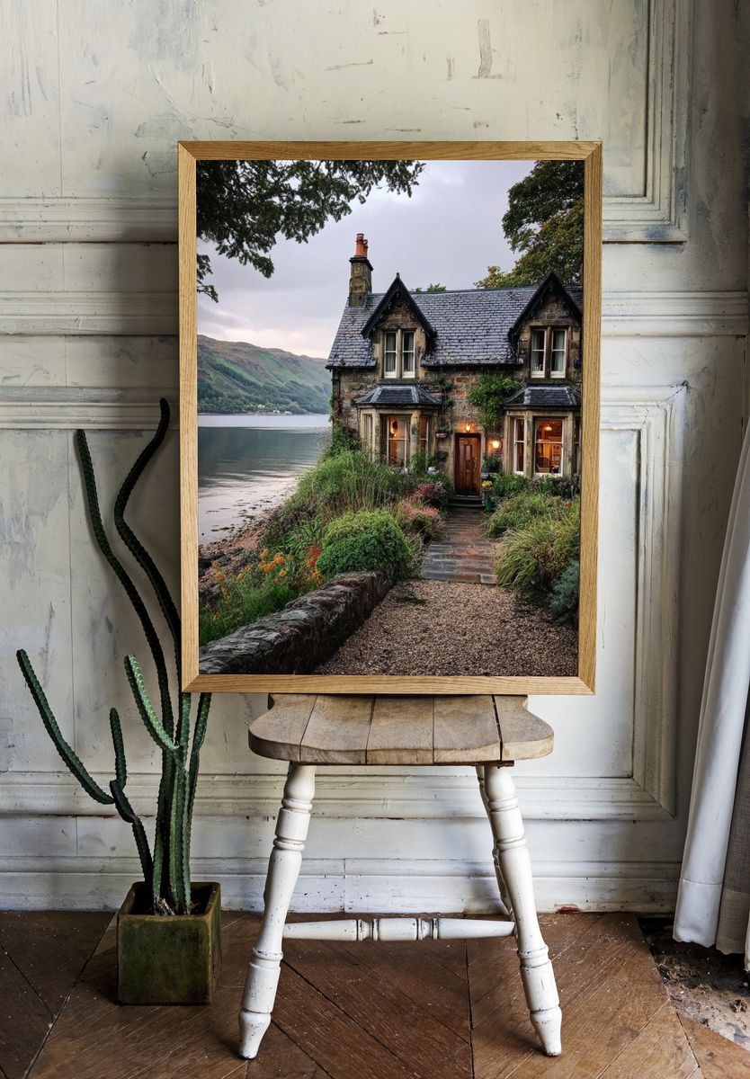 Lakeside Cottage Landscape Print. — room view 1
