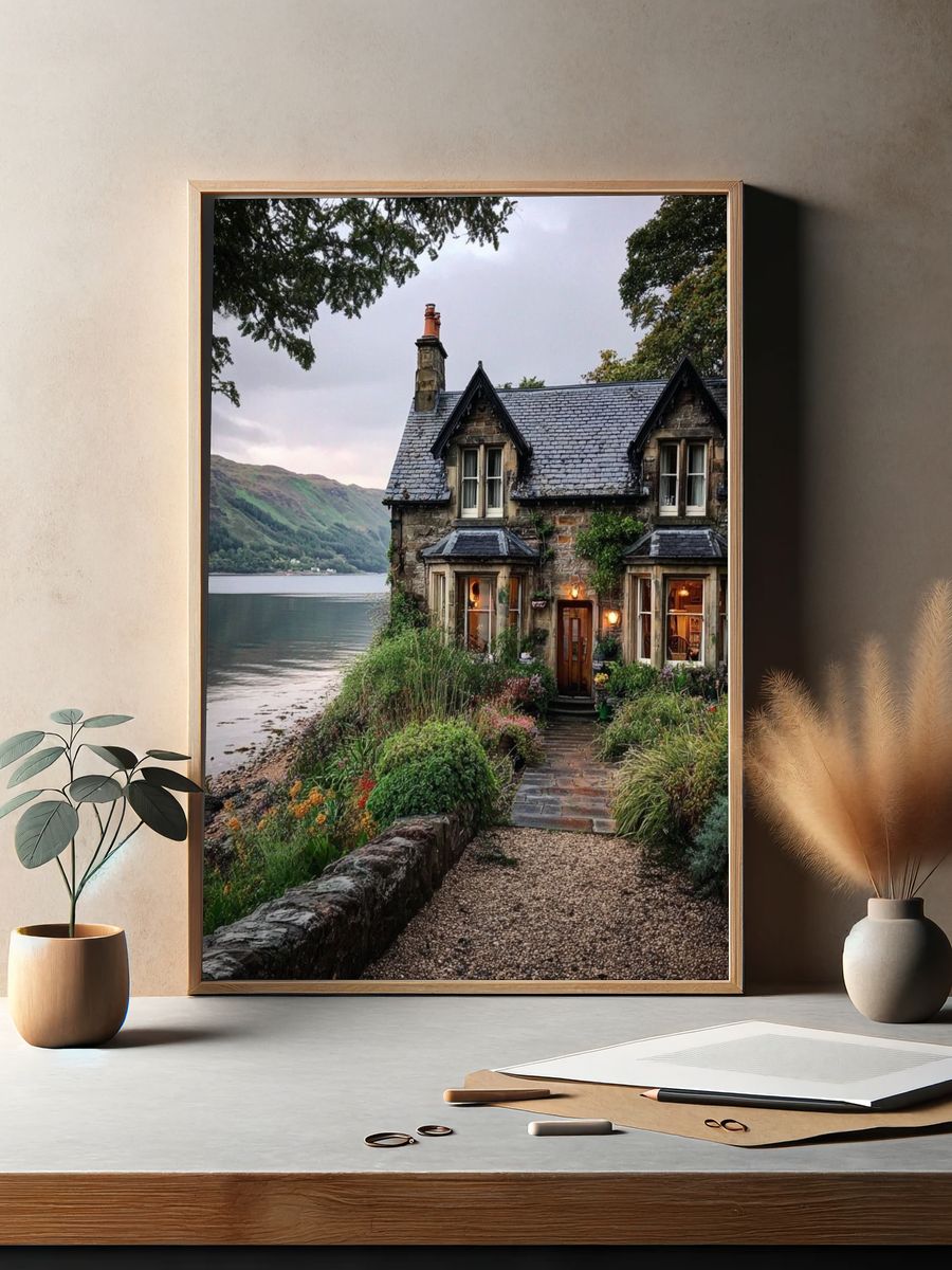 Lakeside Cottage Landscape Print. — room view 2