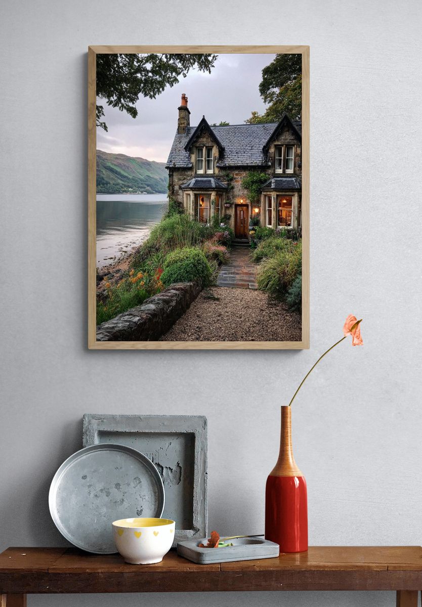 Lakeside Cottage Landscape Print. — room view 3