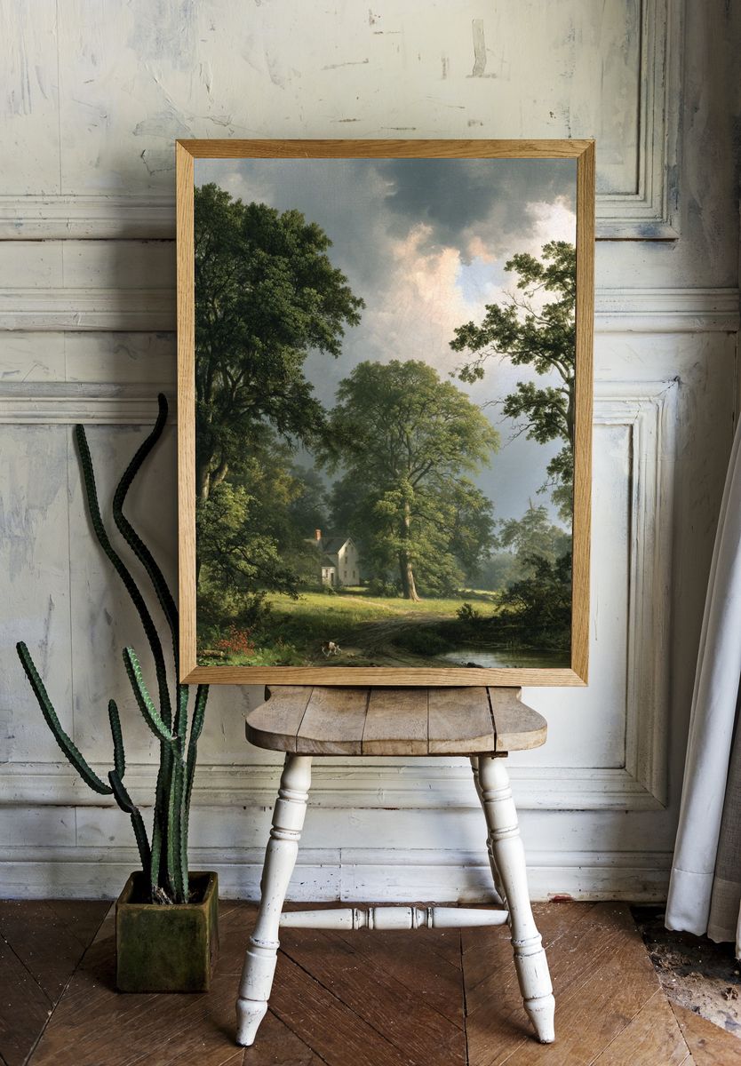 Misty Woodland Cottage Print. — room view 1