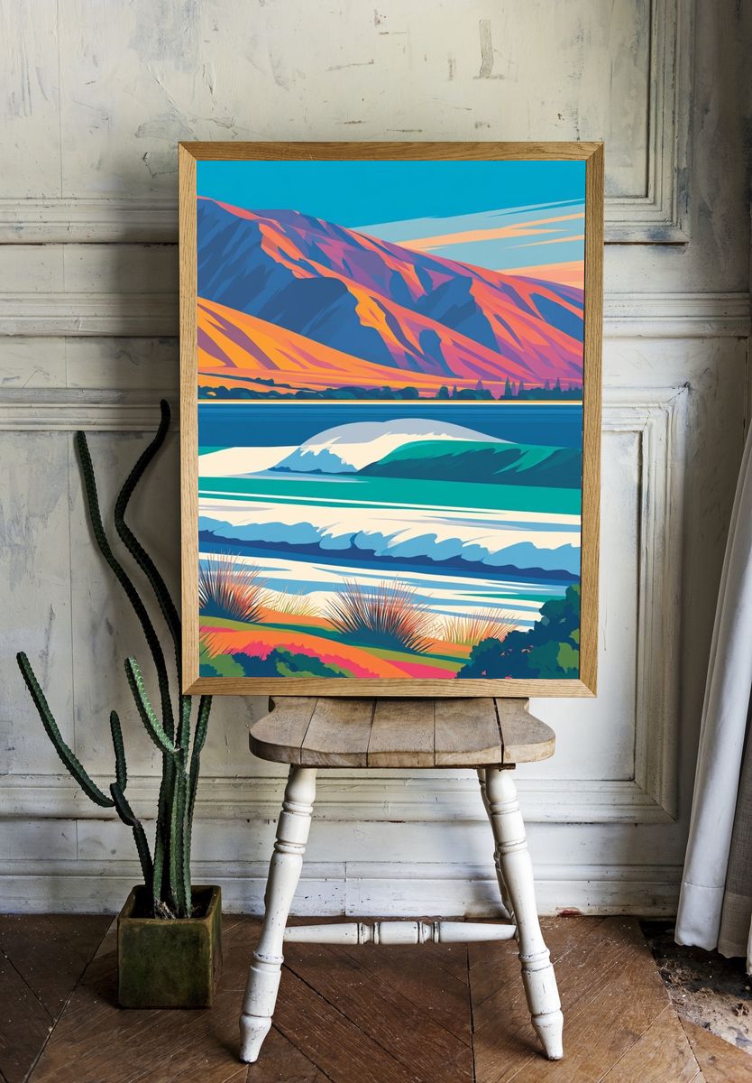 Colorful Coastal Landscape Illustration Poster. room preview