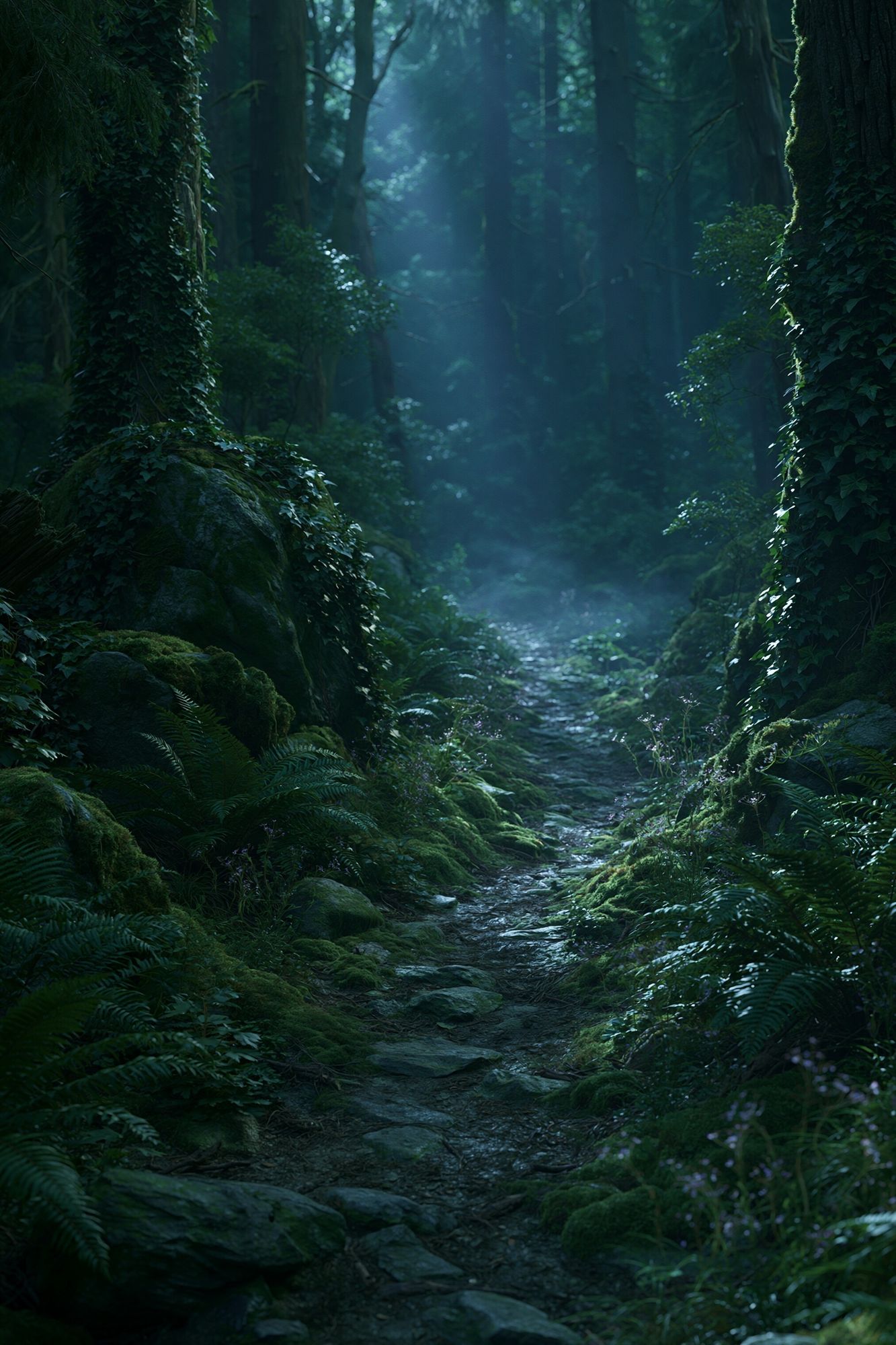 Misty Forest Path Photography Poster. poster detail