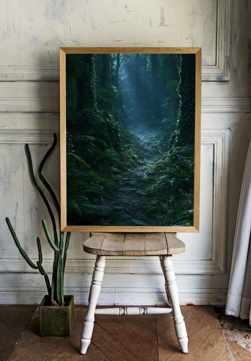 Misty Forest Path Photography Poster. — room view 1