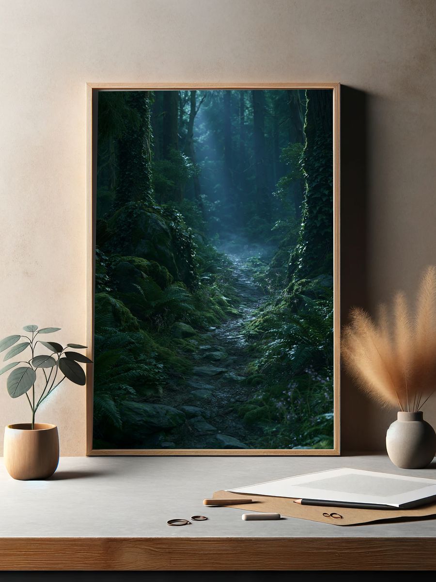 Misty Forest Path Photography Poster. — room view 2