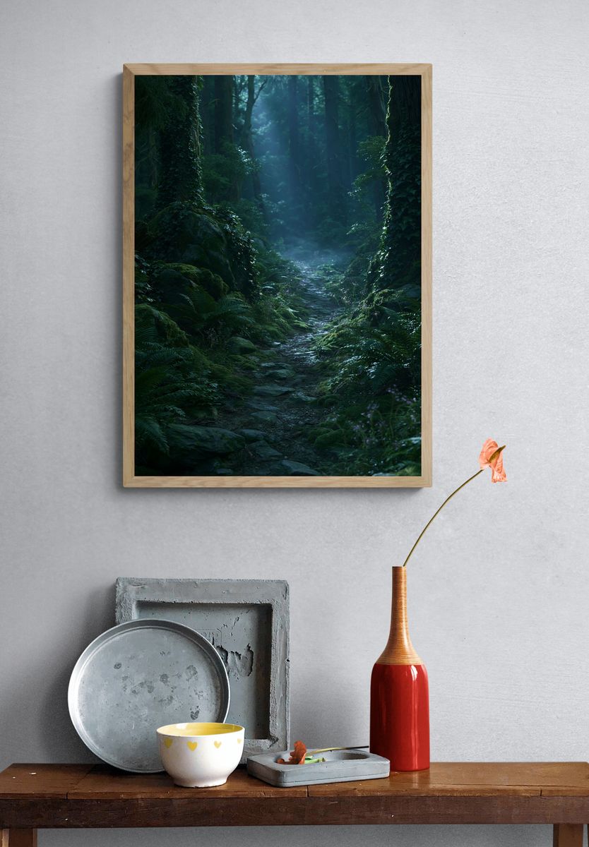 Misty Forest Path Photography Poster. — room view 3