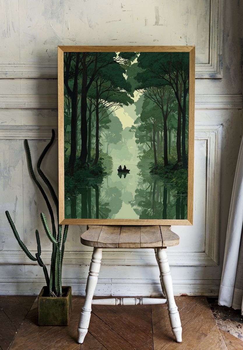 Misty Forest River Print. — room view 1
