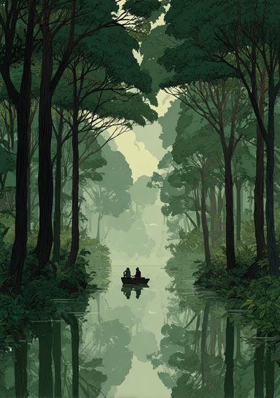 Misty Forest River Print. poster