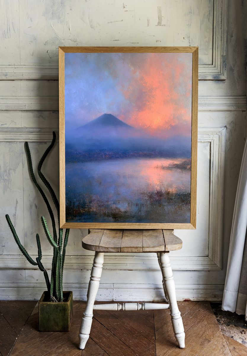 Misty Volcano Sunset Print. room preview