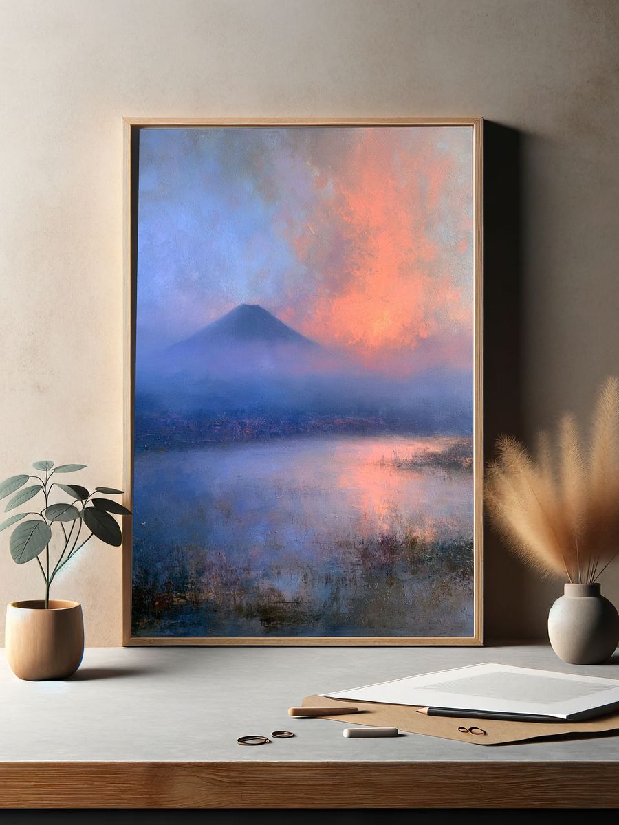 Misty Volcano Sunset Print. — room view 2