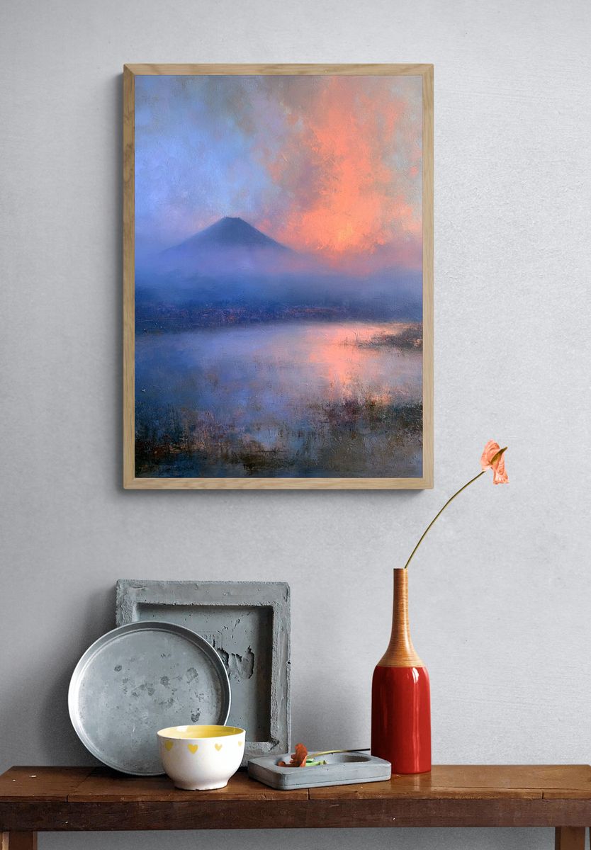 Misty Volcano Sunset Print. — room view 3