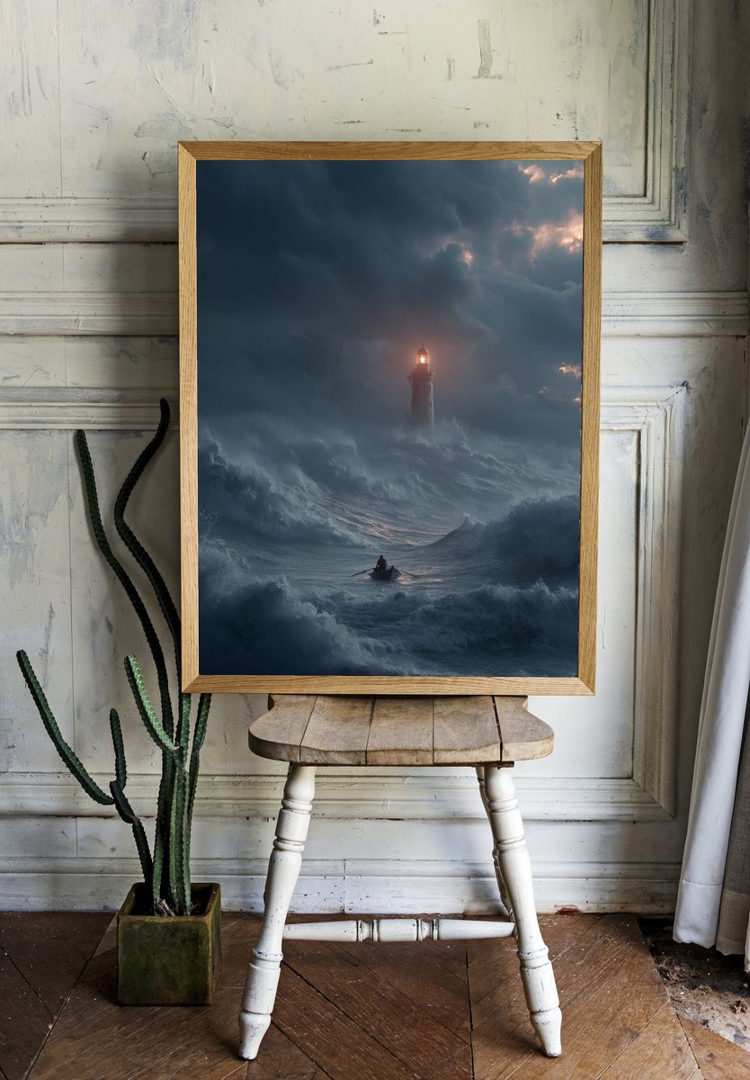 Stormy Lighthouse Sea Print. — room view 1