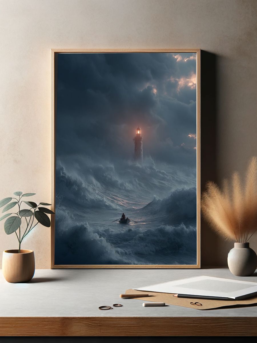 Stormy Lighthouse Sea Print. — room view 2