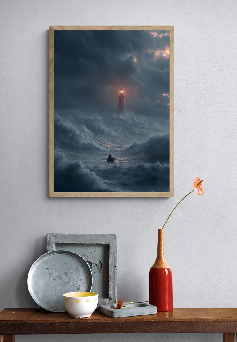 Stormy Lighthouse Sea Print. — room view 3