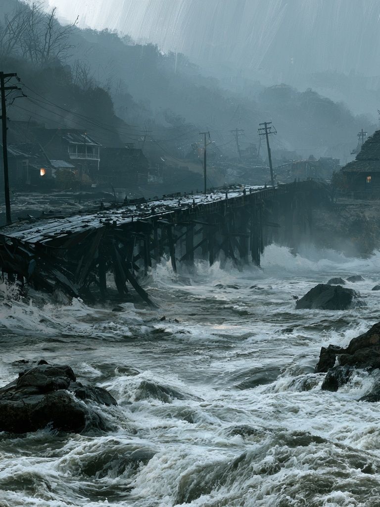 Stormy River Village Landscape Poster. poster — nature art