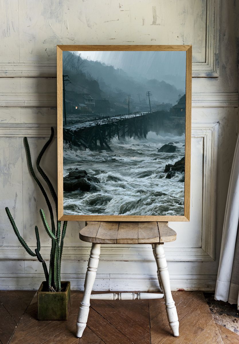 Stormy River Village Landscape Poster. room preview