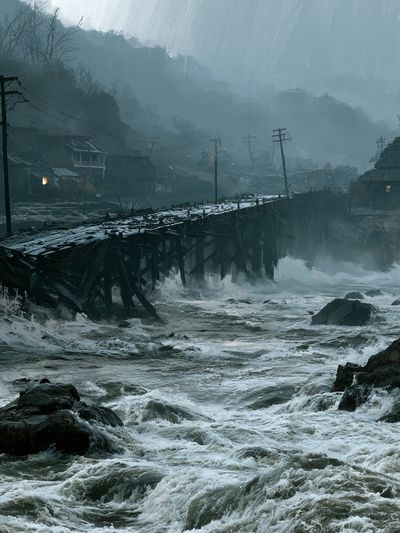Stormy River Village Landscape Poster. poster
