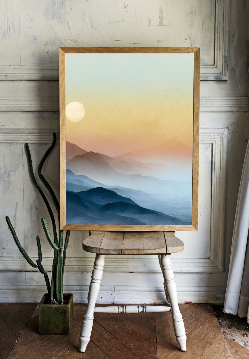 Misty Mountain Sunrise Print. room preview