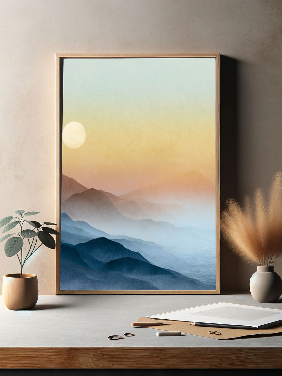 Misty Mountain Sunrise Print. — room view 2