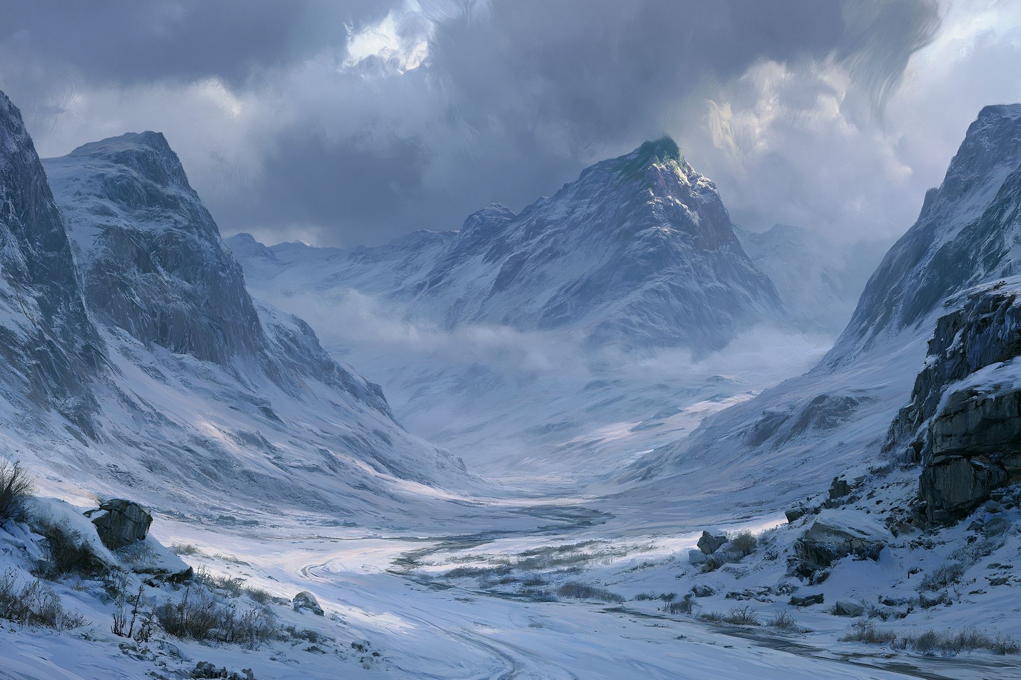 Snowy Mountain Valley Landscape Print. poster — nature art