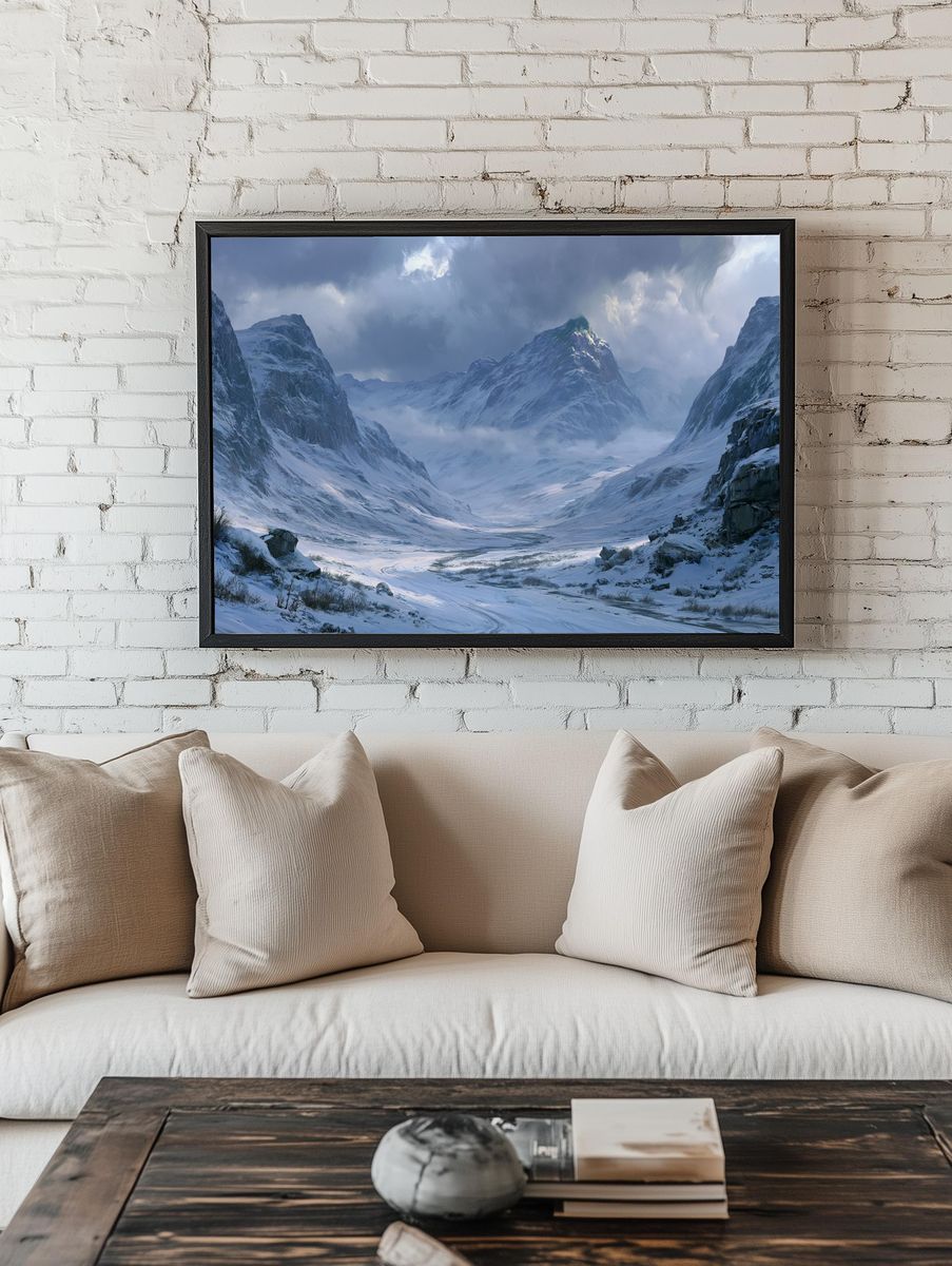 Snowy Mountain Valley Landscape Print. room preview