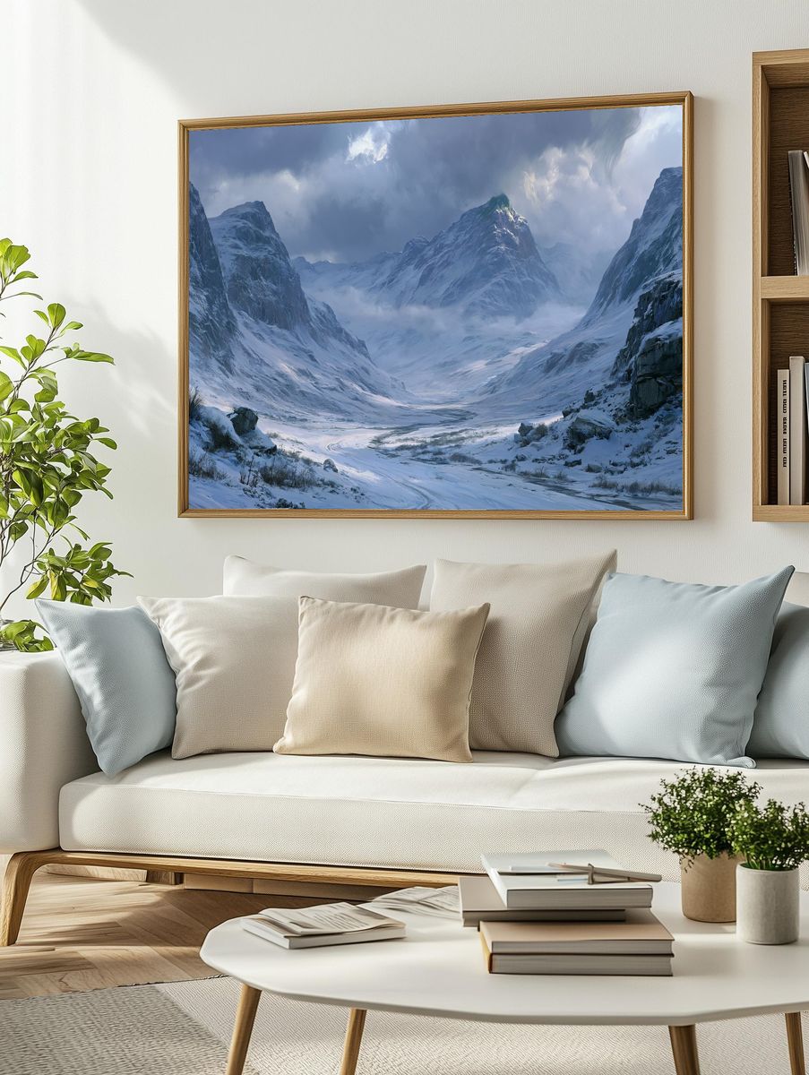 Snowy Mountain Valley Landscape Print. — room view 2