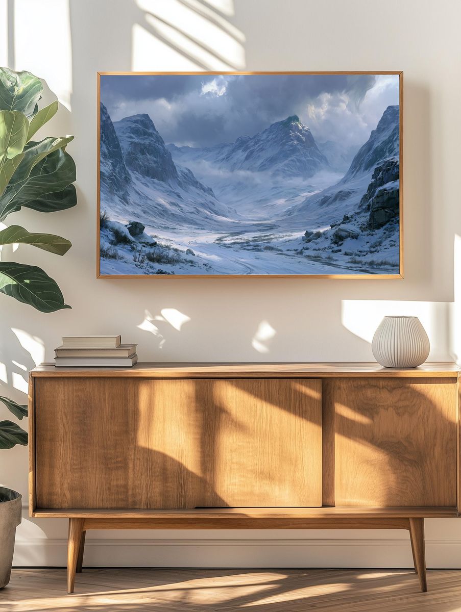 Snowy Mountain Valley Landscape Print. — room view 3