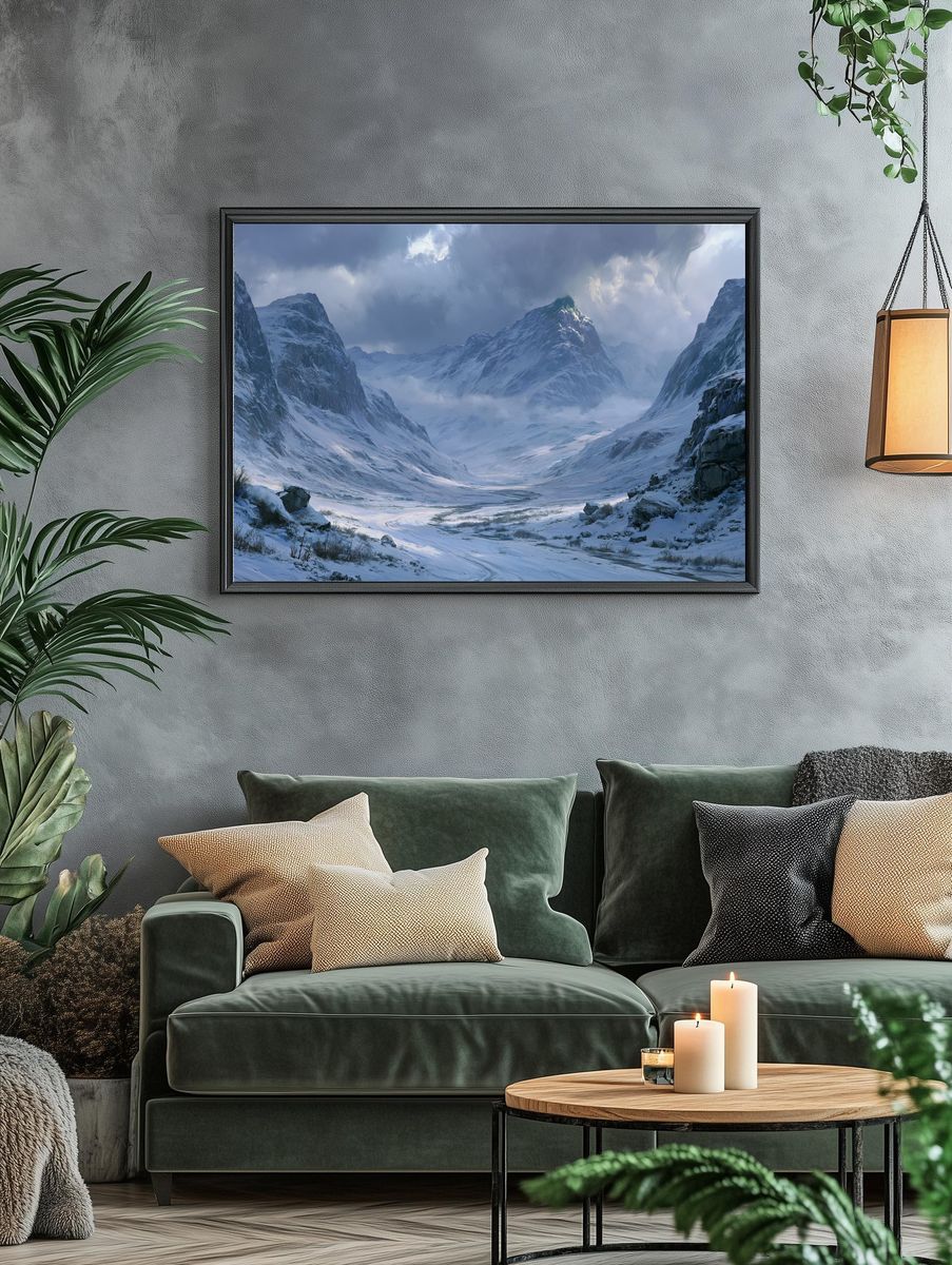 Snowy Mountain Valley Landscape Print. — room view 4