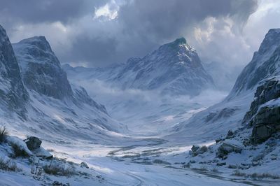 Snowy Mountain Valley Landscape Print. poster
