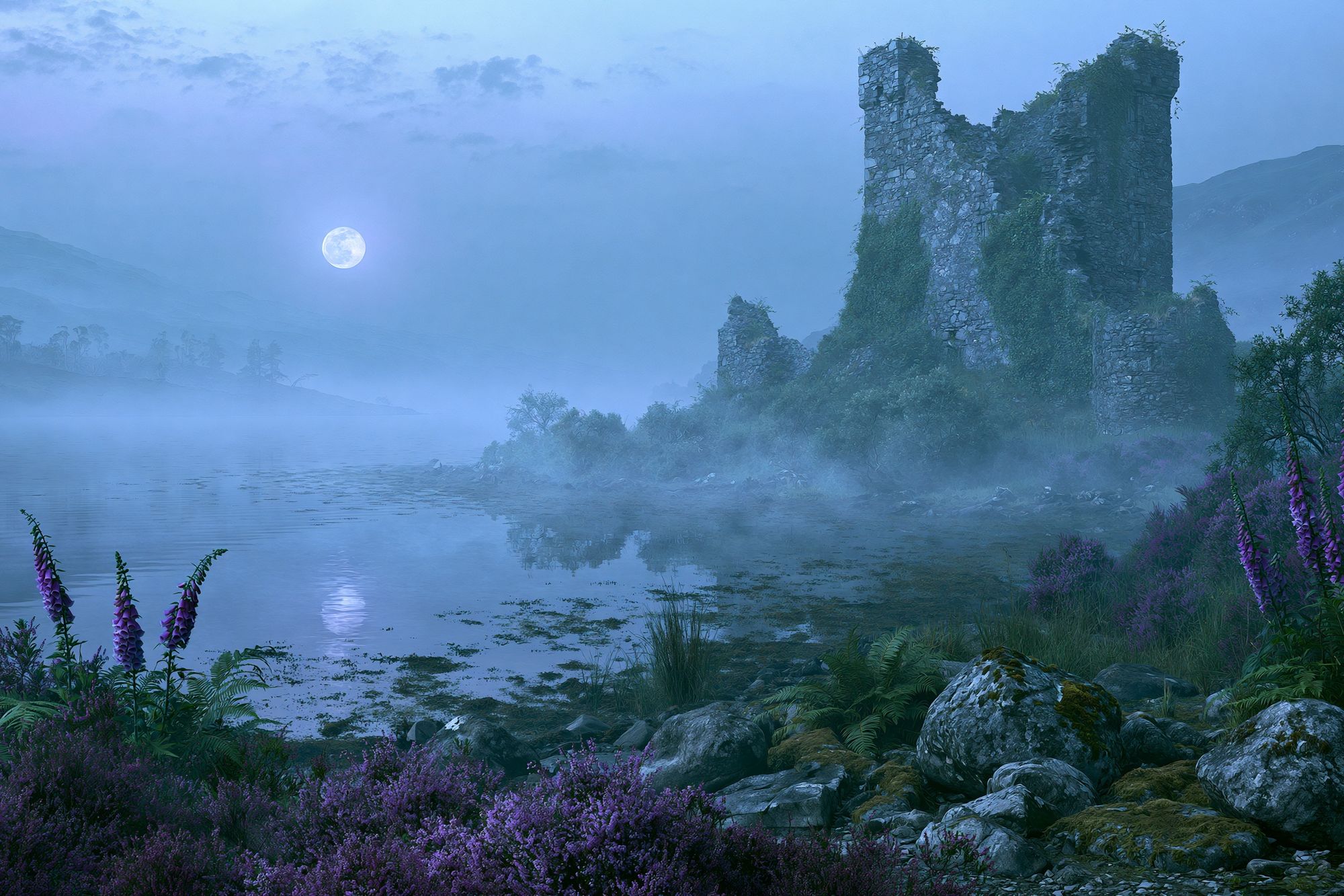 Moonlit Ruins Landscape Print. poster — nature art