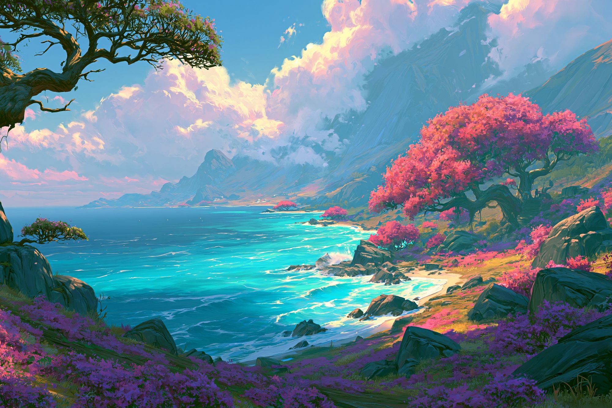 Dreamy Coastal Blossom Landscape Print. poster — nature art