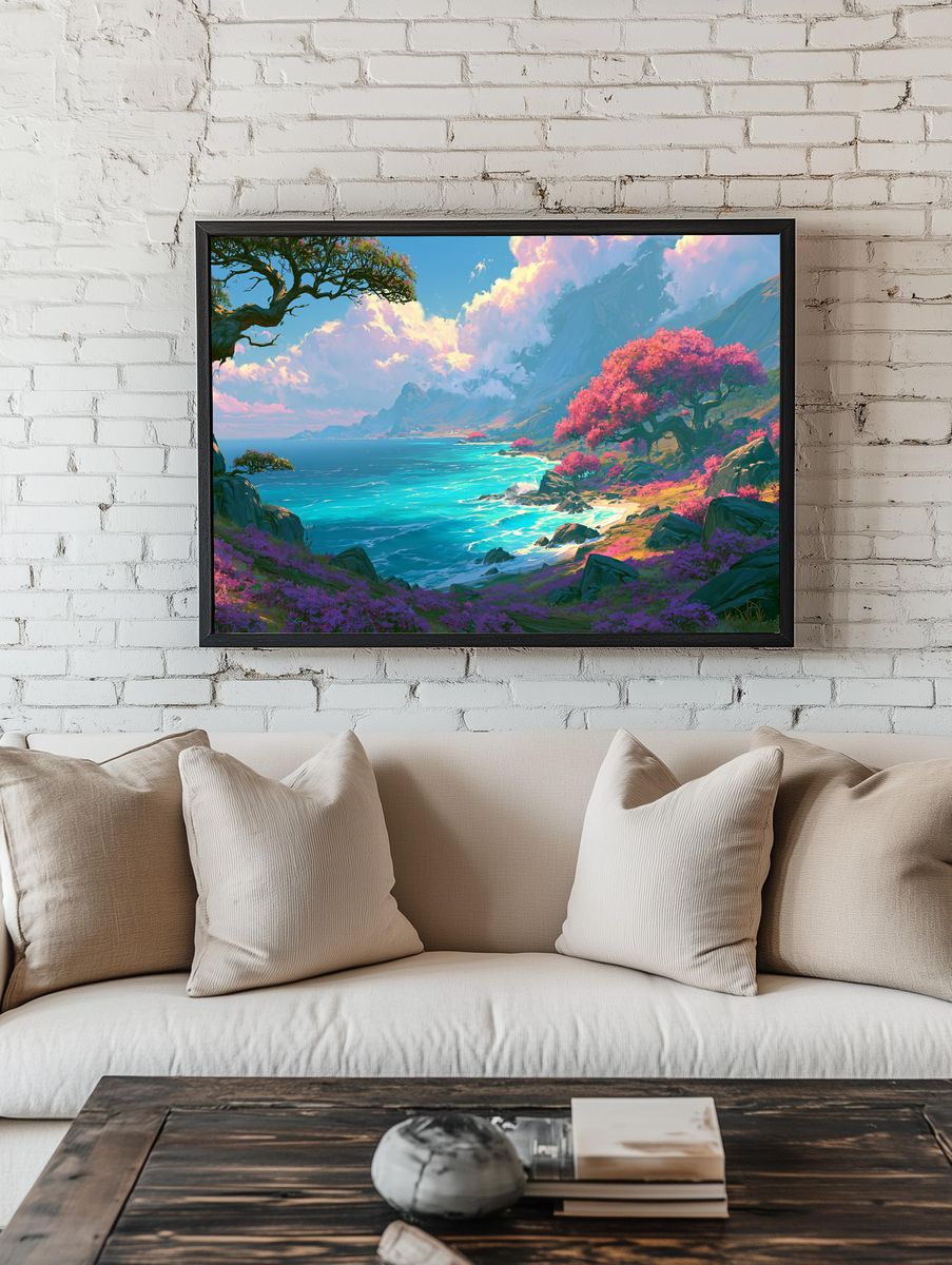 Dreamy Coastal Blossom Landscape Print. — room view 1